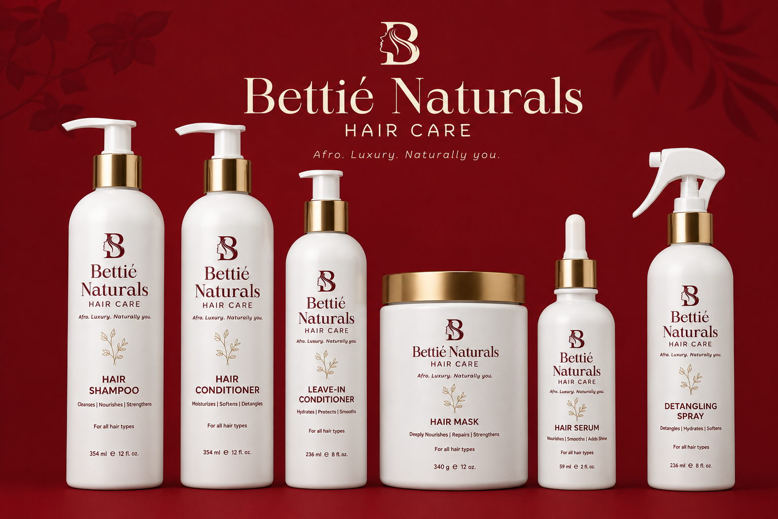 Bettié Naturals Hair Care full product lineup on crimson backdrop